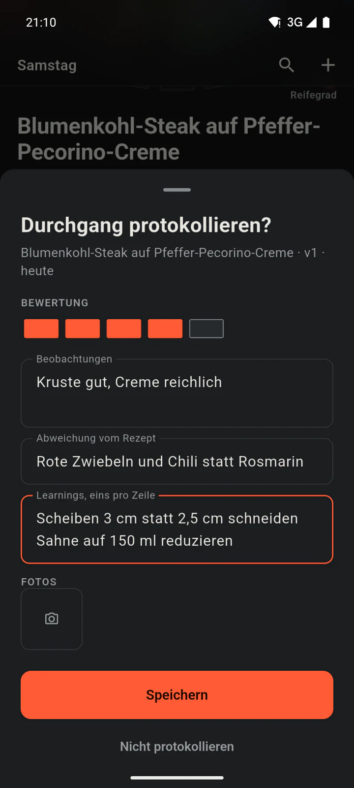 Das Protokoll nach dem Kochen: vier von fünf Segmenten bewertet, eine Abweichung und zwei Learnings notiert.